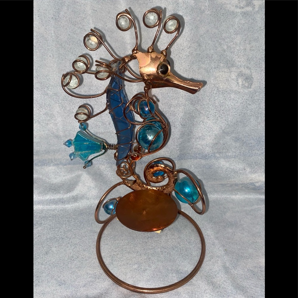 Seahorse Brass Colored Metal Candle Holder W/Blue Stones (Moveable Tail)